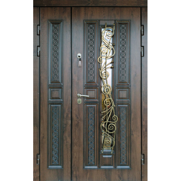 Вхідні двері в будинок з ковкою та склопакетом Kronos Cottege 00096